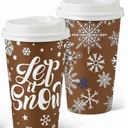 100 Set Winter Paper Cups with Lids Winter Disposable Hot Cold Coffee Cups for Holiday Party Supplies(Brown,12oz,Snowflake)
