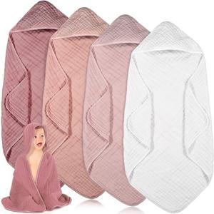 Peryiter 4 Pcs Muslin Hooded Baby Towels 32 x 32 Inch Cotton Newborn Bath Essentials Muslin Infant Blankets Absorbent Registry Gifts for Girl Boy Kids Baby Shower (Light Pink)
