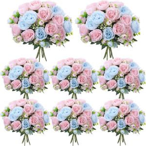 Geosar 8 Bundles Artificial Peonies Flowers Fake Silk Peony Bouquet Faux Peonies Flowers Bulk for Decoration Vase Floral Arrangements Wedding Party Table (Light Pink,Light Blue)
