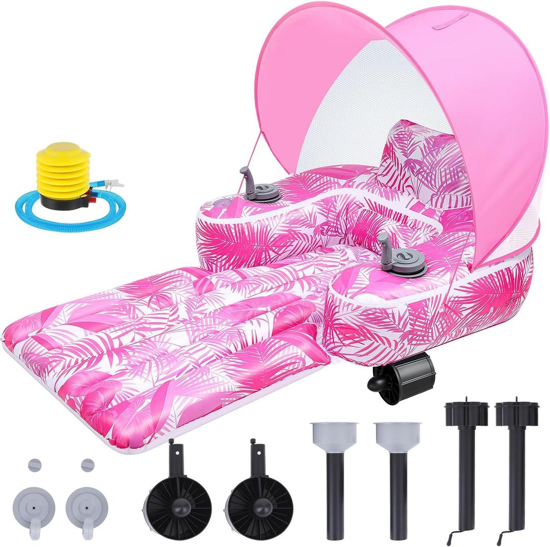 Motorized Pool Float for Adults with Canopy, Inflatable Pool Lounger with Dual Motors, Cup Holders, Foot Pump, Raft Holds up to 220lb, Electric Floaty for Lake Summer Water