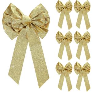 WILLBOND 12 Pcs Large Bow Glitter Christmas Bows Hanging Holiday Xmas Bows for Christmas Wreaths Decoration or Tree Toppers Indoor Decor Party Supply, 9.8 x 17.7 Inch (Gold)