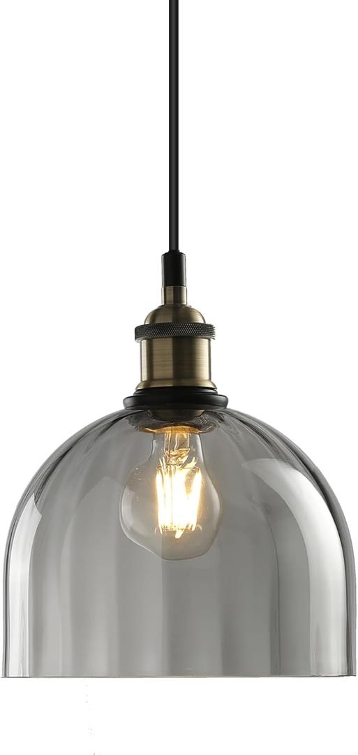 Modern Pendant Lights for Kitchen Island, Industrial Rustic Hanging Ceiling Lighting Fixtures, Glass Dome Lampshade Chandelier, 7.86" Handmade Bell Shaped Lamp Shade, Smoke Grey (20CM)