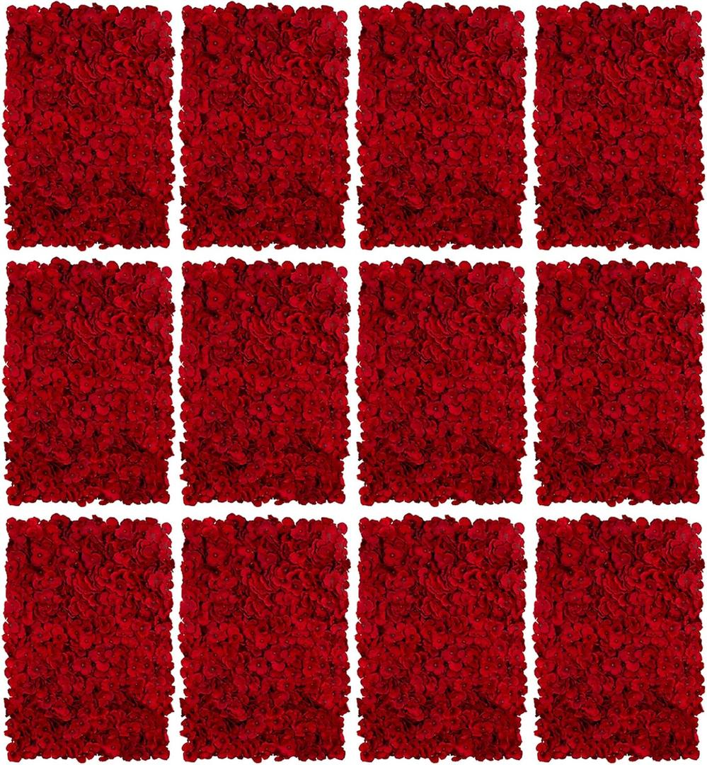 BLOSMON Flower Wall Panel Backdrop - 12 Pcs 24 x 16 Inch Red Artificial Hydrangea Floral Panels for Wedding Party Baby Bridal Shower Decor - 3D Fake Silk Flower Backdrop Decoration