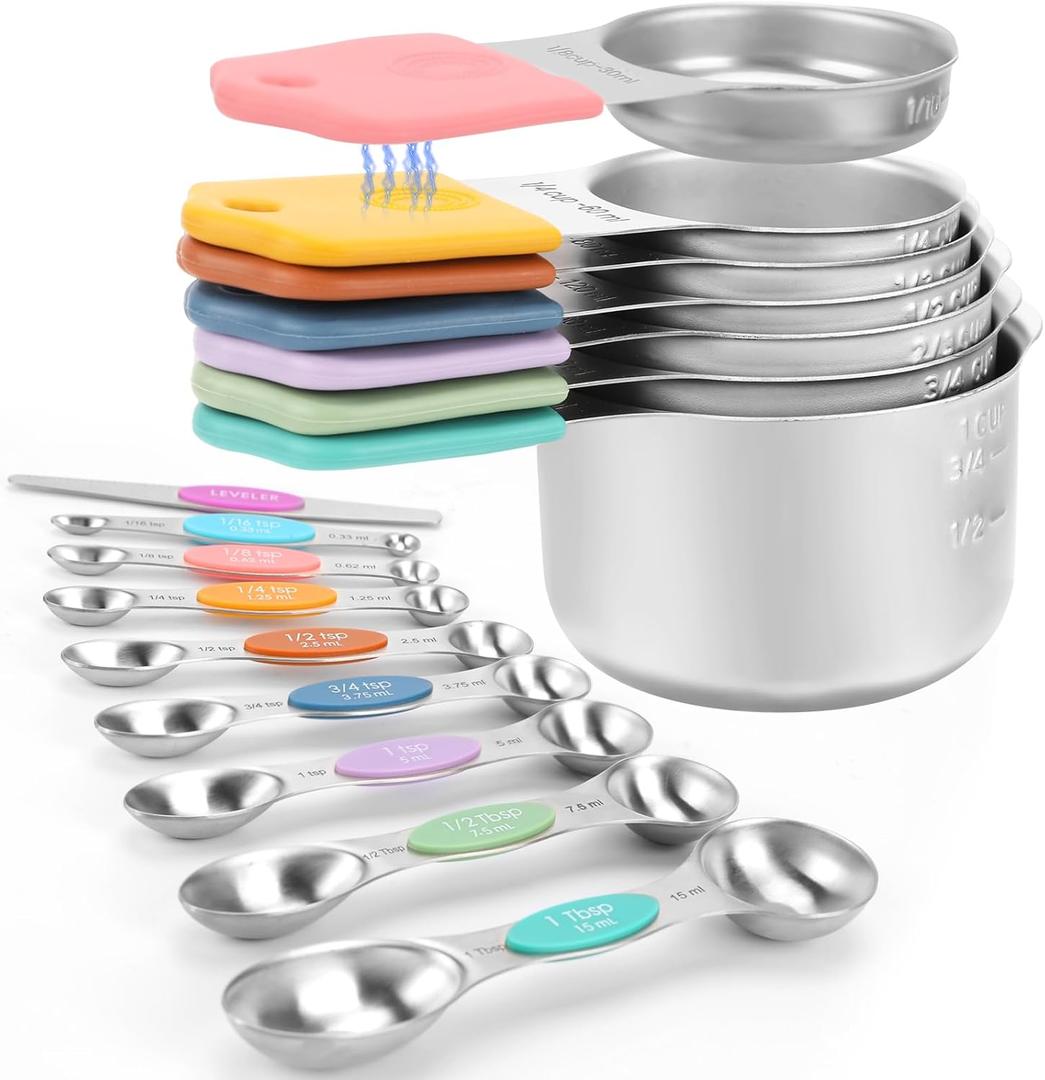 Magnetic Measuring Cups and Spoons Set-Heavy Duty 304 Stainless SteelDouble Measurement Markings Set of 16 with Leveler for Measure Dry and Liquid Ingredients (Color)