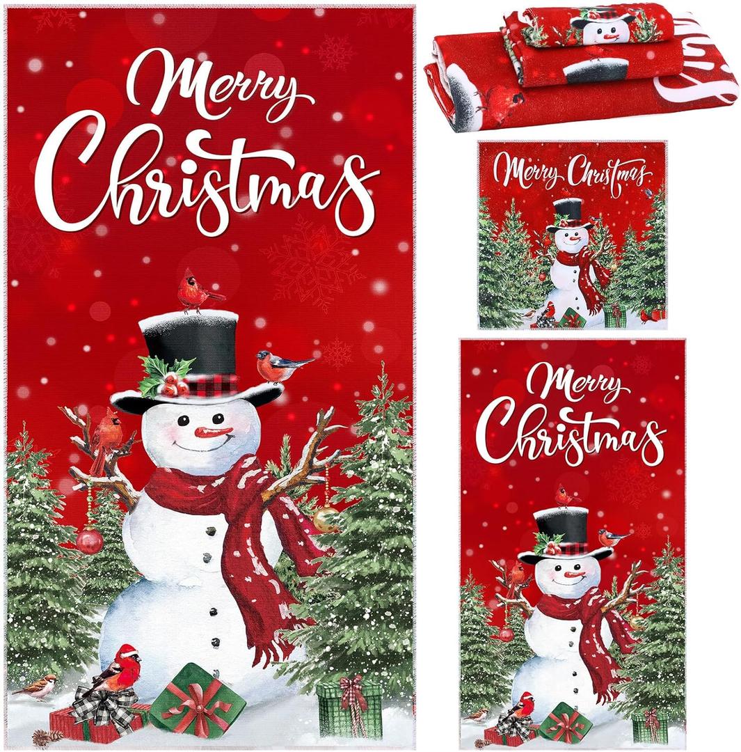 WovWeave 3 Pack Christmas Snowman Bathroom Towels Set Winter Christmas Tree Snowman Wash Cloth Holiday Soft Hand Towels for Xmas Gift Bathroom Kitchen Dish Hotel Beach Gym Spa