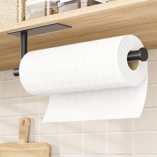 Paper Towel Holder Under Cabinet - 1 Pack Matte Black, Self-Adhesive or Drilling Mount, Sturdy Stainless Steel Space-Saving Rack for Kitchen, Bathroom, RV, Rental-Friendly Design