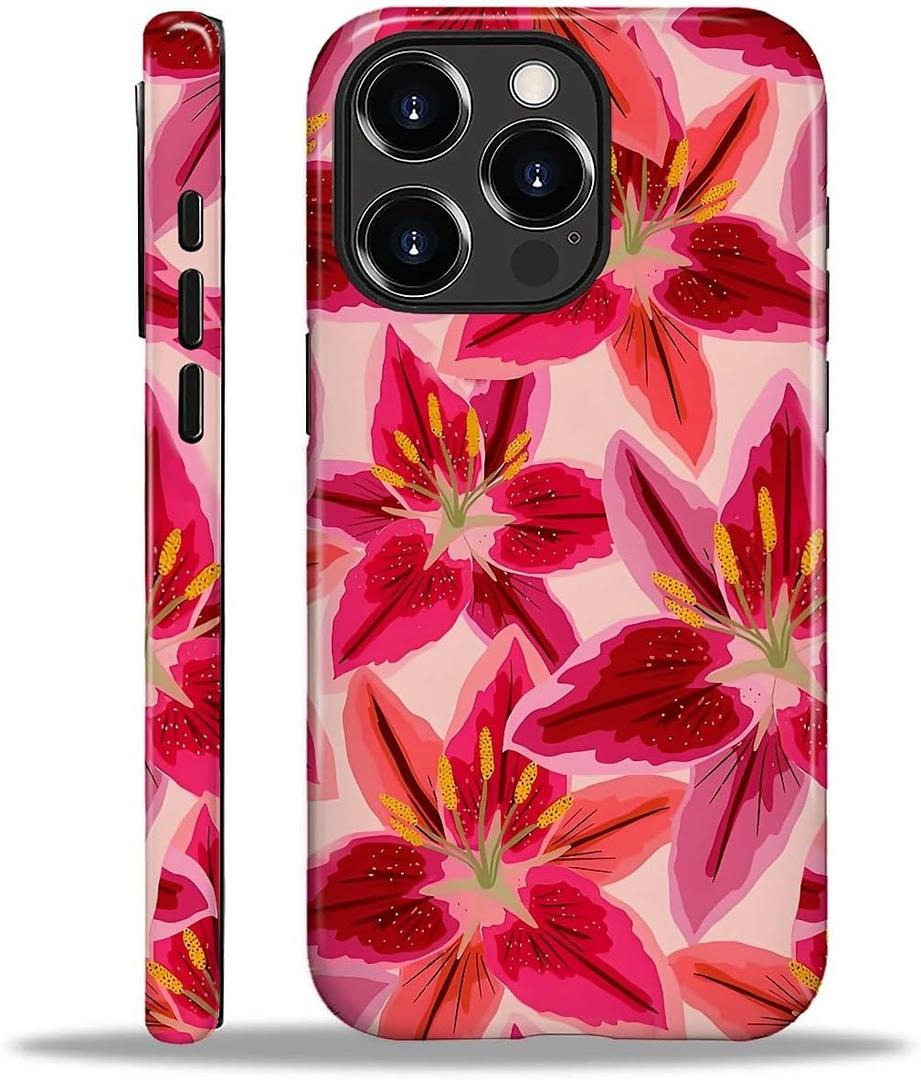 Compatible with iPhone 16 Pro Case - Dual-Layer Protection, Hard Shell with Silicone Interior,Slim Scratch Resistant Shockproof for Woman Men - Cute Colourful Flowers Lily