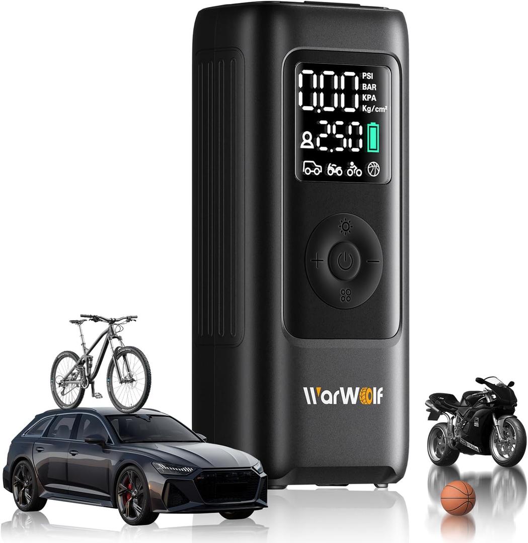 WARWOLF 160PSI Tire Inflator Portable Air Compressor - Bike Air Pump for Car Tires: SUV, Light Truck, Motorcycle, Bike, with Auto Shut-Off, Digital Gauge, 12V Car Adapter, LED Light