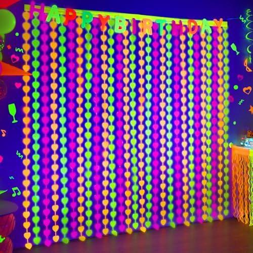 Mega-L Glow In The Dark Party Supplies, 4 Pack Neon Heart Party Decorations 3.3 x 6.6 ft Fuchsia, Yellow and Orange Tinsel Foil Fringe Curtains, Photo Booth Prop Backdrop Streamer Birthday Party Decor