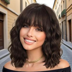 XIXIBI Brown Short Wavy Wig with Bangs for Women Dark Brown Bob Synthetic Heat Resistant - Natural Look for Daily Party Cosplay Use 14 Inch