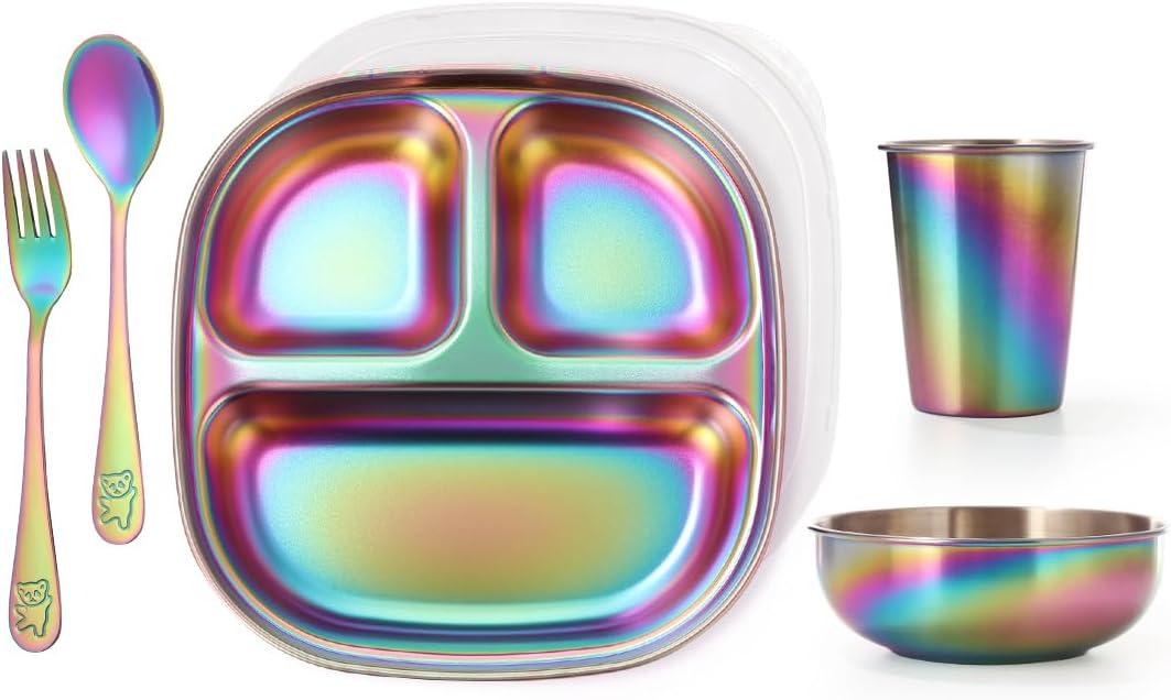 AIEVE Stainless Steel Kids Plates and Bowls, 5 Pcs Kids Dinnerware Set Includes Stainless Steel Toddler Plate with Lid, Utensils, Cup and Bowl