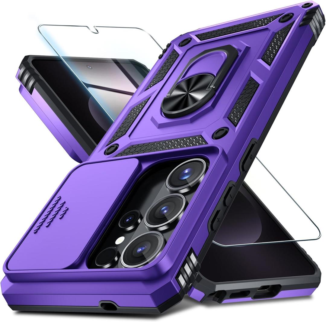 Janmitta Compatible with Samsung Galaxy S26 Ultra Case Built in Slide Camera Lens Cover+Screen Protector+Finger Ring Holder Kickstand,Heavy Duty Shockproof Full Body Phone Cover,2026 Purple