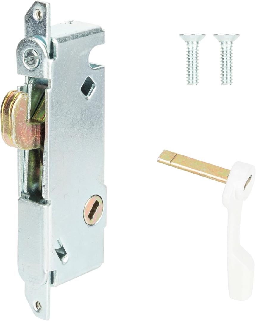 Mortise Lock with White Latch Lever, Adjustable Spring-Loaded Hook Latch Projection for Sliding Patio Doors, 45 Degree Angle Keyway, Fits 3-11/16 Hole Spacing, Round-End Faceplate