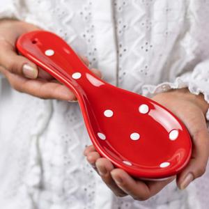City to Cottage Spoon Rest for Stove Top, Large Ceramic Spoon Holder for Kitchen Counter, Cooking Utensil Rest for Countertop, Handcrafted Spoon Rest for Ladle, Spatula (Red Polka Dot) (youth large / 11-13)