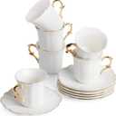 Brew To A Tea White Espresso Cups with Saucers, Set of 6 (3 oz), Porcelain Turkish Coffee Cup Set with Gold Trim Design & Gift Box, Dishwasher Safe