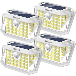 WELALO Solar Motion Sensor Lights Outdoor, [3 Modes/4 Pack/188 LED] 270 Wide Angle Lighting, Security Solar Powered Wall Lights, IP65 Waterproof Flood Lights for Fence Porch Yard Patio(White)