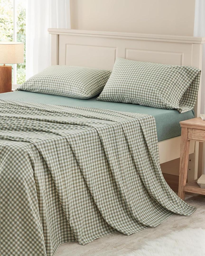 PURE ERA King Sheet Set 100% Washed Cotton Green Gingham Bed Sheets King Size, 4 Pieces Set Linen Like Textured Breathable Durable Soft Comfy - 15" Deep Pocket - Checked Sage Green