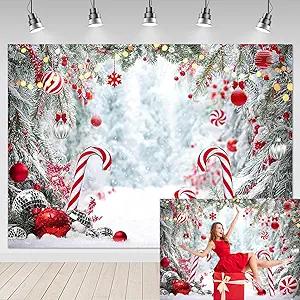 Mocsicka 7x5ft Christmas Candy Cane Backdrop Winter Xmas Eve Party Photography Background Decorations Christmas Forest Snow Scene Holiday Party Photo Prop Supplies