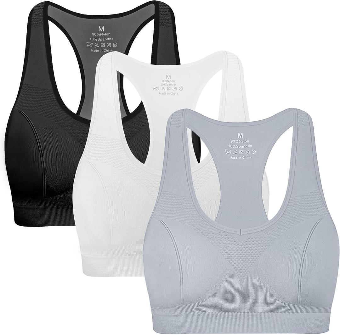 MIRITY Women Racerback Sports Bras - High Impact Workout Gym Activewear Bra (Large, Black Lightgrey White)