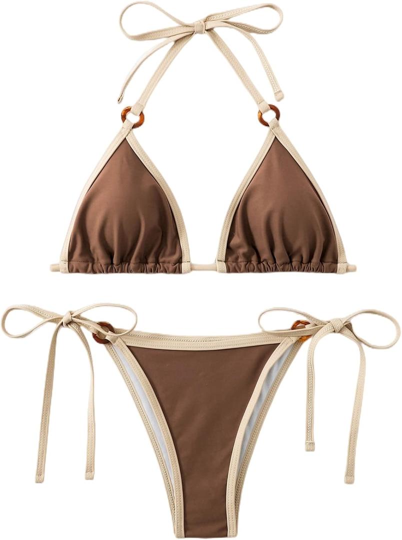 SHENHE Women's Sexy Bikini Sets Ring Triangle Tie Bathing Suits 2 Piece Swimsuits (Medium, Coffee Brown)