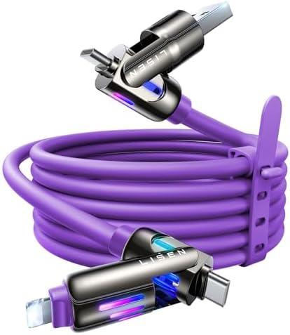 LISEN 240W Chubby USB C to USB C, 4 in 1 Charging Cable (6.6FT) with Light, USB A/C to C/L Multi Charging Cable for iPhone 16 15 14 Pro Max/MacBook/iPad Pro/SamSungS24, Purple