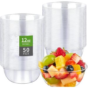 12 oz Clear Plastic Bowls, 50 Pack Disposable Hard Plastic Salad Bowls Party Serving Bowls for Party, Ice Cream, dessert, Fruit, appetizer, Soup,