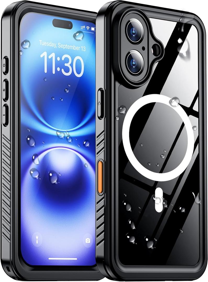 Temdan Compatible with iPhone 16 Case Waterproof, Compatible with MagSafe Built-in Screen & Camera Protector IP68 Underwater Full Body 16FT Military Dropproof Shockproof Phone Case 6.1"-Black
