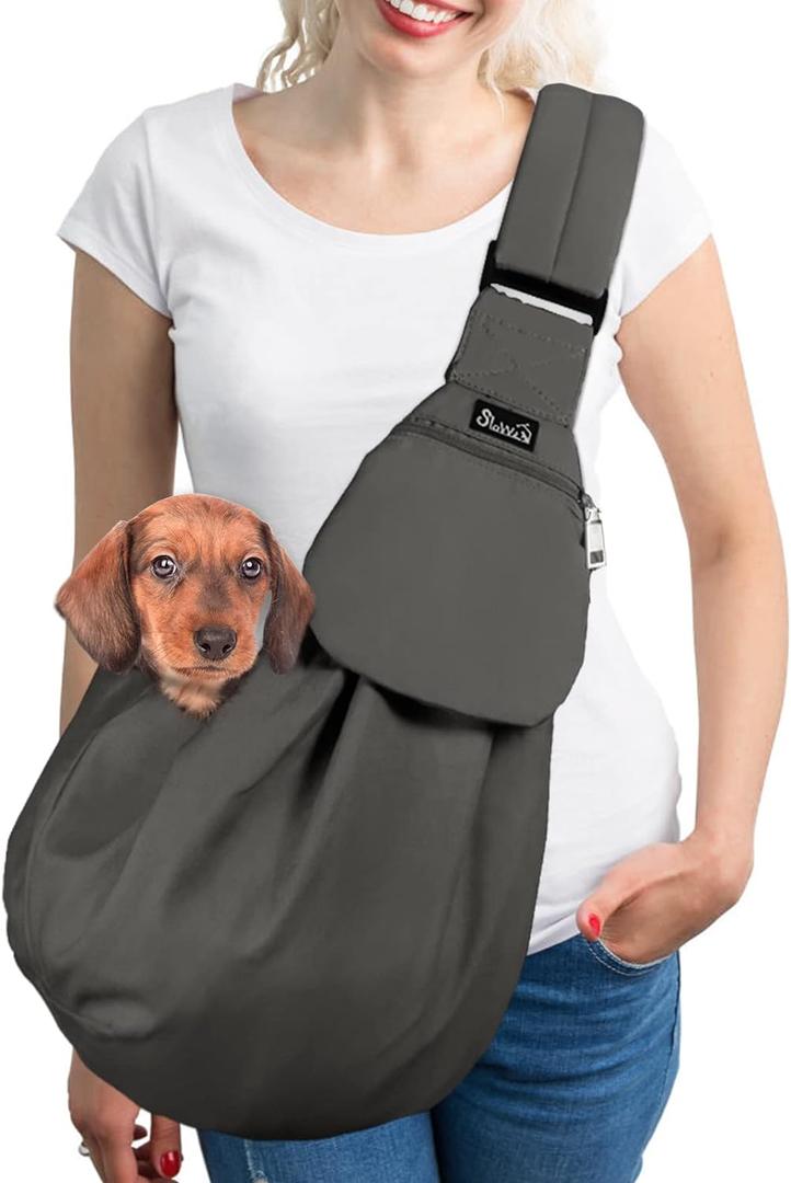 SlowTon Dog Carrier Sling - Thick Padded Shoulder Strap Adjustable Dog Carriers for Small Dogs, Puppy Carrier Purse for Pet Cat with Front Zipper Pocket Safety Belt Machine Washable (Grey L)