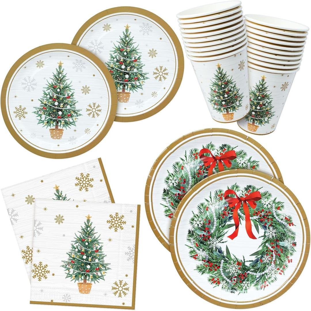ZVK 96 Christmas Party Paper Plates Napkins Cups Set Disposable Dinnerware Tableware for Holiday Serve 24