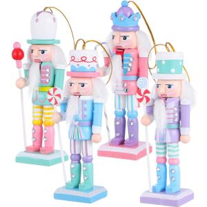 Amosfun 4pcs Wooden Nutcrackers Ornaments - 12cm Tall Soldier Nutcracker Figurines Pastel Nutcracker Tree Hanging Ornament