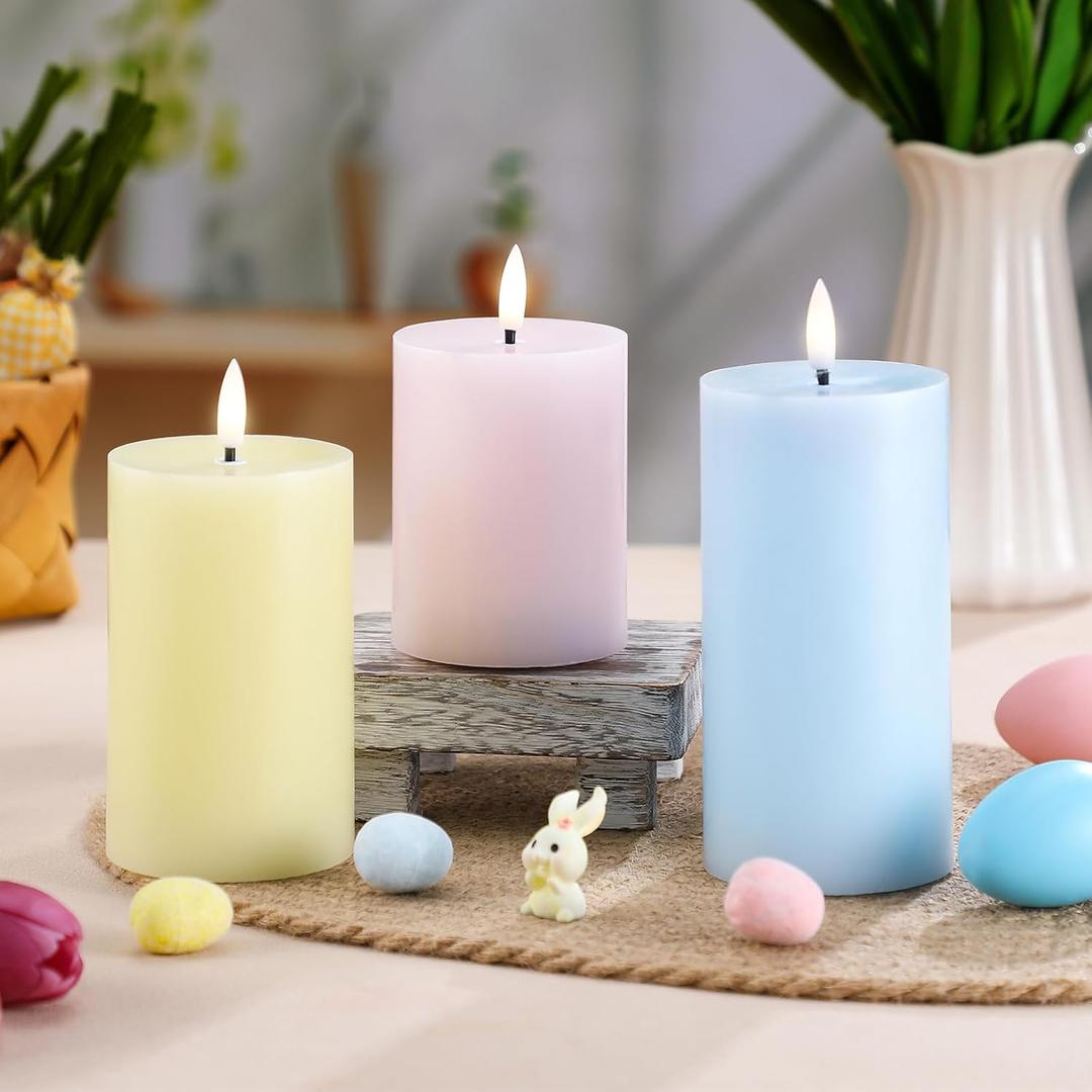 Hiboom 3 Pcs Flameless Candles LED Flameless Pillar Candles Real Wax Multicolor Fake Battery Operated Wedding Decor, H 3.94" 4.92" 5.91" x D 2.95"(Pink, Blue, Yellow)