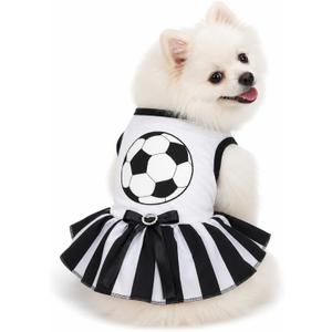 Petitebella Soccer Dog Dress with Striped Tutu Skirt Cute Pet Apparel with Football Graphic Soft Puppy Summer Clothes for Small Medium Dogs Sports Fan Outfit for Parties White/Stripes Small
