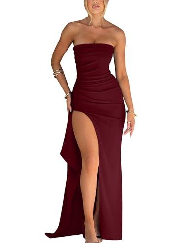 YMDUCH Women's Elegant Strapless Bodycon Ruched Ruffle High Split Long Formal Evening Dress WineRed Size S