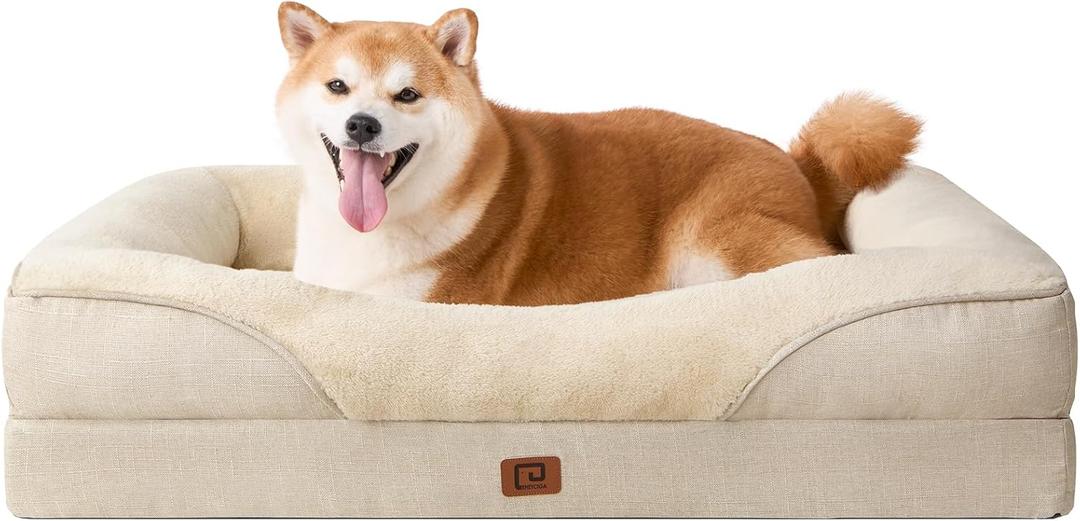 EHEYCIGA Memory Foam Dog Bed for Large Sized Dogs, Orthopedic Sofa With Sides and Waterproof Liner, Washable Bolster Pet Couch, Removable Cover, 36x27x7 Inch, Beige