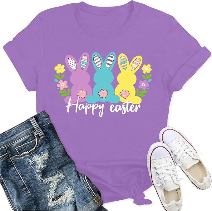 Qskall Easter Shirts for Women Happy Easter T-Shirt Cute Bunny Tee Tops Purple L