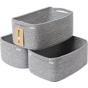 Small Storage Baskets for Organizing | Closet Organizer Bins | Shelf Toy Basket | Woven Rope Baskets | Cube Decorative Box | Shallow Basket | 13x8.5x5.1 | 3 Packs Mixed Grey