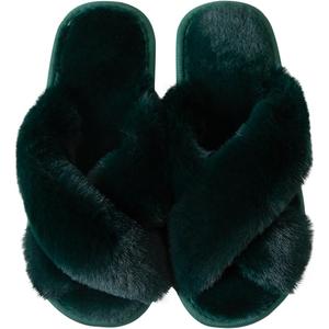 2 x Enteer Women's Slipper Memory Foam Cross Band Fuzzy Slippers Open Toe Cozy House Slippers Cozy Plush Bedroom Indoor Outdoor (Green)
