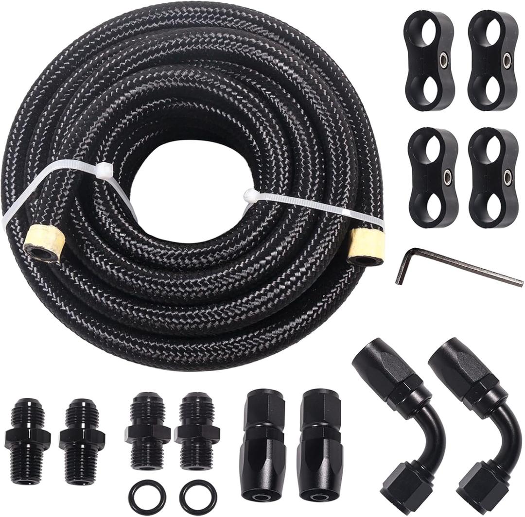 6AN 15FT 4L60E 4L65E Transmission Cooler Line Kit - Black,1/4"NPSM X 6AN -Steel-Black Nylon Braided Hose Kit Nylon Braided Fuel Line Hose Fitting Kit with 6AN 90 degree &Straight Hose Ends.