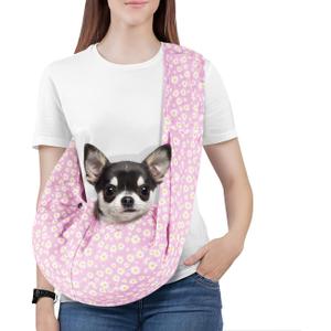 Pawaboo Small Dog Sling Carrier, Reversible Hands Free Dog Sling Carriers for Small Dogs and Cats, Puppy Slings Carrier with Adjustable Strap Buckle & Safety Harness, Puppy Essentials, Pink Daisy