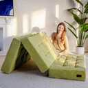 MAXYOYO Tri-Fold Mattress, 6 Inch Tufted Folding Futon Foam Bed, Foldable Floor Mattress Guest Bed Futon Topper Portable Camping Sleeping with Corded Fabric, Green, 35.4"x75" (Twin)