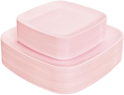 PULOTE 60PCS Pink Square Plastic Plates Disposable - Premium Quality Pink Set Include 30 Dinner / 30 Dessert Plates for Party, Wedding & Valentines Day