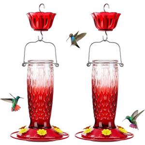 Kingsyard 2 Pack Glass Hummingbird Feeders for Outdoors Hanging, Wild Bird Nectar Feeder with 6 Feeding Ports, 24 oz Leak-Proof, Red Gradient (Ant Moat Included)