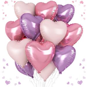 Pink Purple Heart Balloons, 18 Inch Light Purple and Pink Heart Shape Balloons, 12PCS Pastel Pink Purple Helium Foil Heart Balloon for Girls Birthday Marriage Engagement Wedding Party Decoration