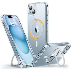 andobil for iPhone 15 Case [360 Ring Stand] [Compatible with Magsafe] Military Drop Protection Non-Yellowing Magnetic iPhone 15 Slim Thin Phone Case for Men Women - Ultra Clear, 6.1 Inches