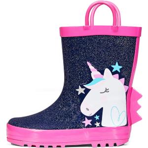 K KomForme Kids Rain Boots Waterproof Printed Rubber boots with Handles (12 Little Kid, Glitter Unicorn Star)