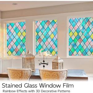 Linarun Stained Glass Window Film Rainbow Window Privacy Film 3D Decorative Static Cling Door Glass Decals Non Adhesive Removable for Home Office 60x300cm