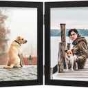 FOREV 4x6 Double Picture Frame Wooden Hinged Photo Frame Definition Glass Stand Vertically on Desktop or Tabletop Black