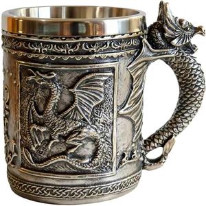 CUZOKOLA Medieval Dragon Mug Dungeons and Dragons Cup Beer Mug Beer Stein for Game Thrones Gifts Party Decor -Stainless Steel Tankard Dragon Coffee Mug 14oz Drinking Cup Dnd Gifts for Men Father's Day