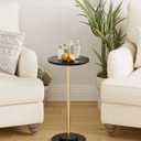 Round Side Table, Small Drink Table for Small Spaces, Modern Accent End Table with Metal Leg for Living Room, Bedroom, Corners, and Office (Black Marble)