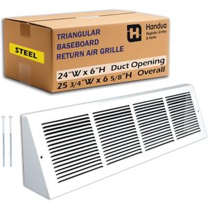 Fits 24x6 Duct Opening | Steel Triangular Baseboard Return Air Grille by Handua | Efficient Air Flow | Air Register Vent Cover Grill | 3-13/16" Depth | White | Outer Dimensions: 25-3/4" x 6-5/8"